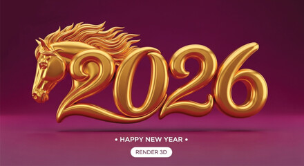 A golden horse head and the year 2026 are displayed on a purple background, symbolizing a festive New Year celebration with a touch of luxury and elegance. 