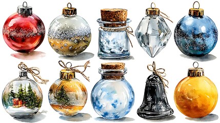 Watercolor masterpiece: Close-up illustration of a vintage glass Christmas ornament Watercolor Hygge and Hearth Whimsical Woodland Storybook