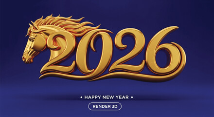 A golden horse head and the numbers 2026 are displayed on a blue background, wishing a happy new year in a festive and elegant design for celebrations.