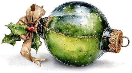 Watercolor masterpiece: Close-up illustration of a vintage glass Christmas ornament Watercolor Hygge and Hearth Whimsical Woodland Storybook
