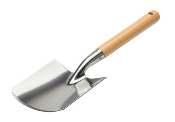 Isolated garden tool a trowel for digging up plants with short wooden handle and shiny blade