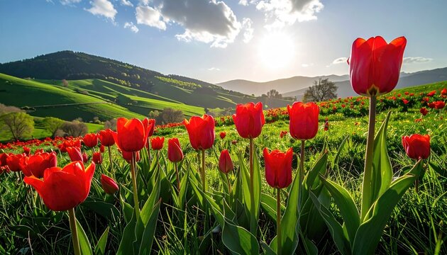 Vibrant Red Tulips Field Bathed in Golden Sunlight on a Rolling Green Hillside Landscape with Lush Foliage and Blue Sky - Powered by Adobe