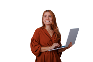 Woman with red hair working on laptop, smiling, looking away, planning future business, transparent background