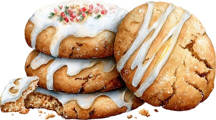 Photorealistic watercolor: Stack of freshly baked gingerbread cookies, some plain, some with intricate icing Watercolor Hygge and Hearth Whimsical Woodland Storybook