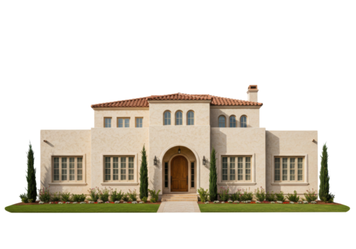 Isolated luxurious beige Mediterranean house architectural design on a manicured lawn