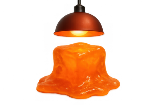 Melting orange block collapsing under a warm lamp light, representing pressure, stress, and transformation