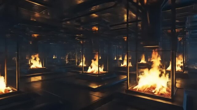 Abstract Futuristic Interior With Rows Of Glass Enclosed Fire Pits Animation