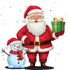 Santa claus and snowman with a gift for winter holiday