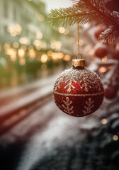 Red Christmas ornament with gold glitter hanging on snow-covered pine branch in festive city street with warm holiday bokeh lights Generative AI