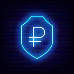Ruble in shield neon icon. Coin protection. Keep and savings. Russia money. Vector stock illustration