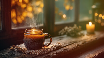 Cozy lit candle in ceramic mug on rustic wooden table by window with warm bokeh lights and soft evening glow for autumn ambiance Generative AI