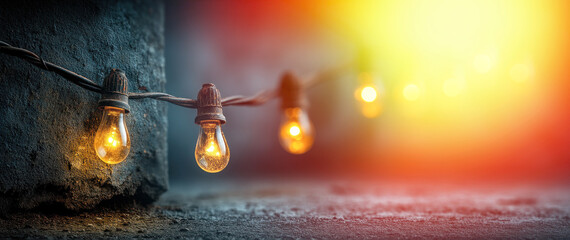 Glowing string lights on textured wall with warm ambient lighting and vibrant gradient background Generative AI