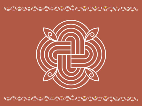 Traditional Indian stylized swastika design on a postcard. Line drawing Rangoli or Alpana.