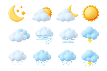 Weather icons depicting forecast for day night wind rain and snow