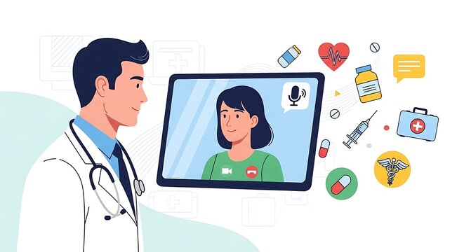 Doctor consulting patient online via telemedicine on tablet screen with medical icons.