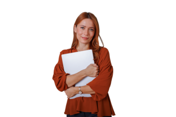 Professional woman holding modern laptop smiling, embracing remote work and digital innovation, transparent background