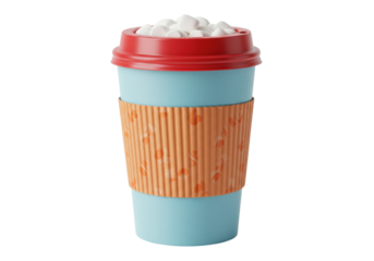 Isolated coffee cup with marshmallows, to go for cafe, takeaway latte, cappuccino mug