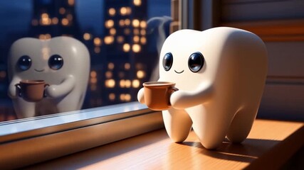 A serene winter evening moment: an animated tooth enjoys cocoa while watching festive city lights. Ideal for calming holiday or dental wellness content.
