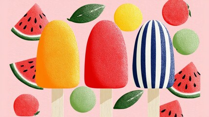 A cartoon drawing of three ice cream sticks with watermelon and other fruits on top. Scene is playful and fun