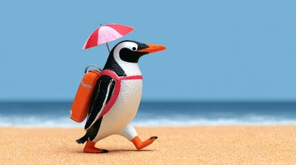 A penguin is walking on the beach with a pink backpack and a red umbrella. The scene is bright and cheerful, with the penguin looking happy and carefree