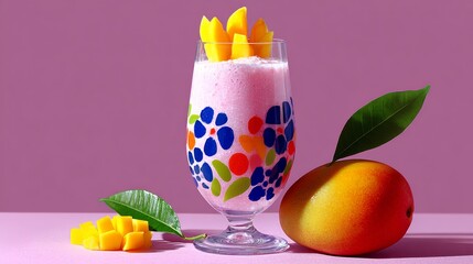 A glass of fruit juice with a slice of mango on the side. The glass is decorated with flowers and the juice is pink