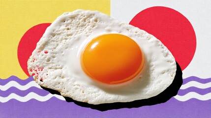 A close up of an egg with a yellow yolk. The egg is sitting on a plate with a colorful background. The plate is placed on a table
