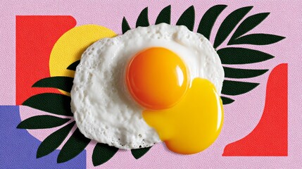 A close up of an egg with a yellow yolk and a white egg white. The egg is surrounded by a leafy green background
