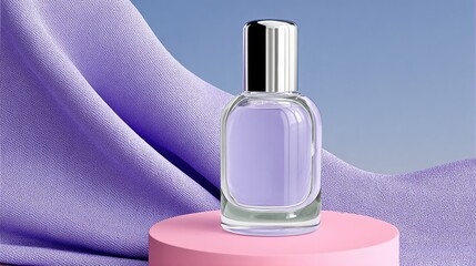 A bottle of perfume is sitting on a pink surface. The bottle is clear and has a silver cap. The purple background suggests a sense of luxury and sophistication