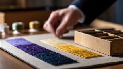 Fototapeta premium Crafting with Threads and Textiles: A Close-Up on Colorful Fabric Samples and Replacement Pieces