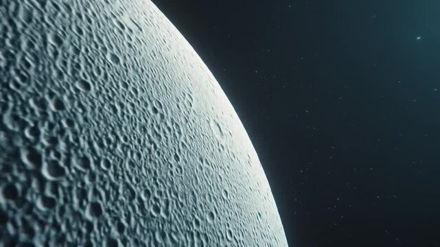 A textured celestial body's curved surface against a starry night background. The moon or planet