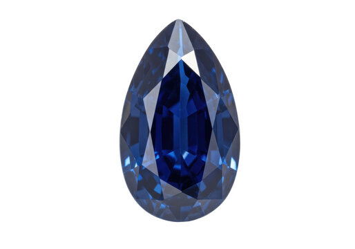 Isolated blue gemstone in teardrop shape with reflections, on neutral background, sparkle