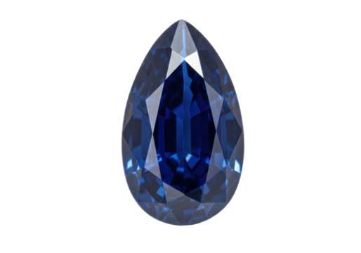 Isolated blue gemstone in teardrop shape with reflections, on neutral background, sparkle