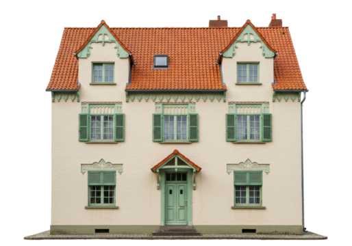 Isolated Two-Story House with Orange Roof Tiles, Traditional German Architecture Style - Powered by Adobe