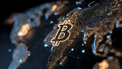 Glowing Bitcoin symbol superimposed on a digital world map with interconnected nodes and bokeh lights