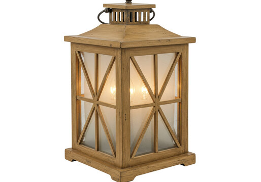 Isolated rustic wooden lantern lighting for home decor or outdoor patio parties