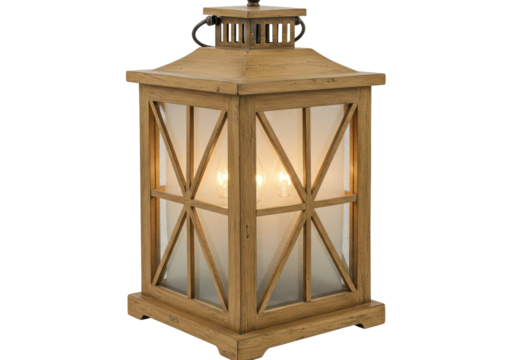 Isolated rustic wooden lantern lighting for home decor or outdoor patio parties