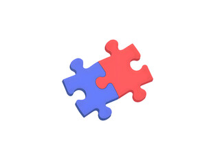 Blue and red 3D puzzle pieces joined together to illustrate collaboration and problem-solving isolated on transparent background