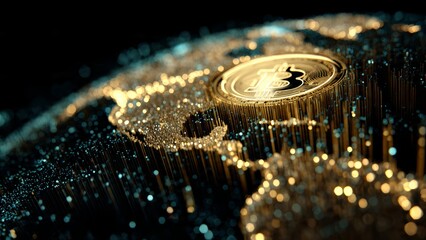 Golden Bitcoin coin placed on a futuristic digital earth with glowing lights and particles