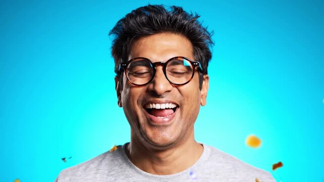 A man laughs ecstatically while confetti falls in front of a blue background