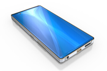 3d Smartphone, Handy mit blauen Bildschirm liegend freigestellt auf transparenten Hintergrund