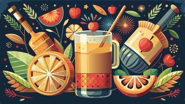 Very beautiful cider cocktail featuring raw apple vinegar, elegantly topped with a fresh apple slice, surrounded by stylish bar tools and space for text, perfect for beverage advertising design.