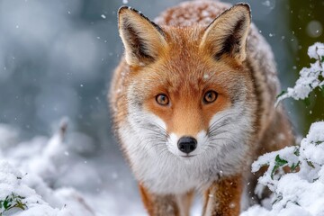 Obraz premium Majestic Red Fox Gracefully Striding Through a Serene Snow-Covered Wilderness Landscape