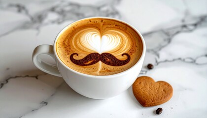 Cup of cappuccino with heart and mustache latte art, cookie beside on marble table.