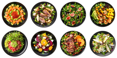 A set of various fine dining restaurant salads isolated on a transparent background PNG