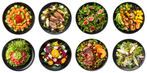 A set of various fine dining restaurant salads isolated on a transparent background PNG