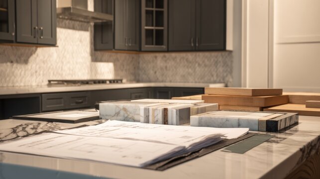 modern kitchen renovation, marble countertop samples and blueprints on table