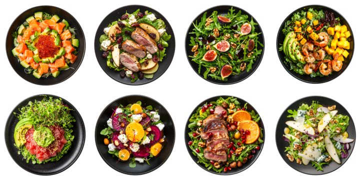 A set of various fine dining restaurant salads isolated on a transparent background PNG