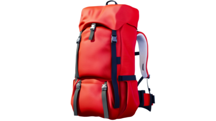 Red Backpack with Straps and Buckles on White Background
