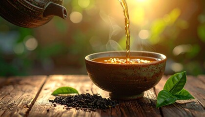 Hot tea being poured into a rustic cup in warm sunlight, cozy and aromatic.