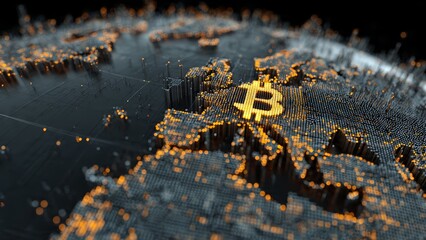 Golden Bitcoin symbol illuminated on a digital globe representing cryptocurrency and global finance